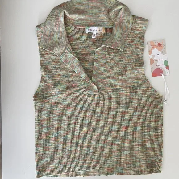 NWT Hazel Moon multi colored Knit Polo Collared Cropped top - Picture 8 of 9
